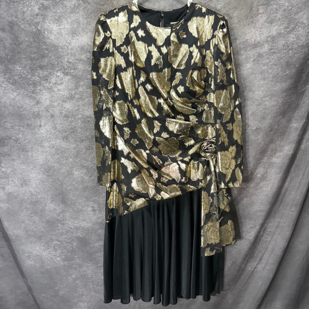 David Rose Vintage 80s Gold Metallic Brocade Floral Dress Size 16 Party Glam